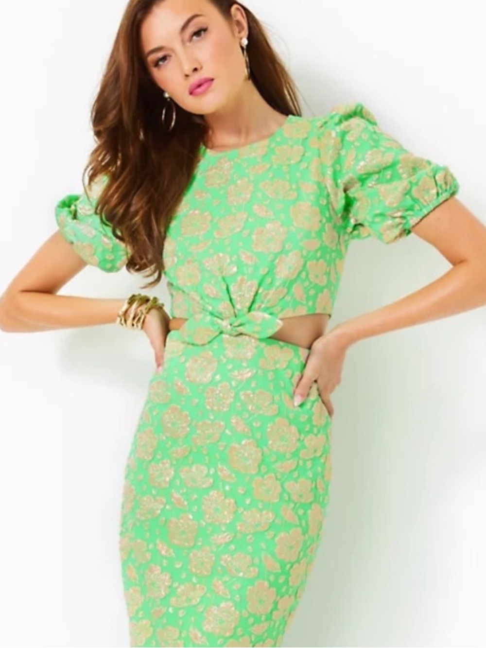 Lilly Pulitzer Melina Jacquard Midi Dress in Spearmint Palm Beach Petals Brocade